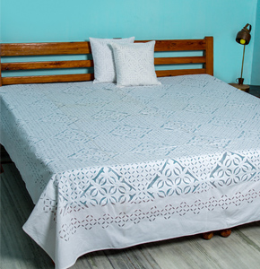 Applique Mehndi Khuddi Design Bedcover, White