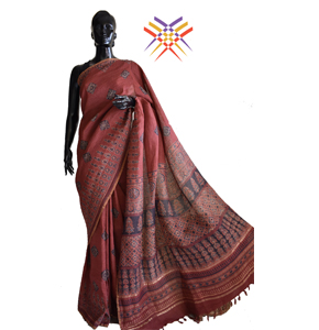 Handcrafted Madder Red Ajrakh Block Printed Silk-Linen Saree