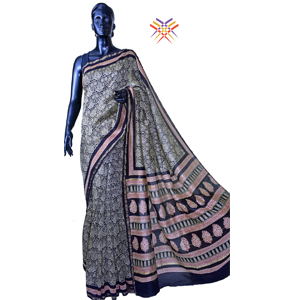 Artisan Handcrafted Black & Ecru Bagru Printed Cotton-Silk Saree