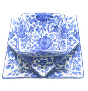 Hand-Painted Blue Floral Ceramic Square Dinner Plate Set