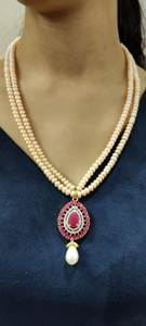 Handcrafted Double Strand Pearl Necklace Set with Statement Pendant