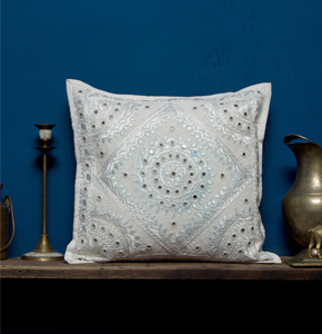 Heavy Embroidery with Mirror Work Cushion Cover, White