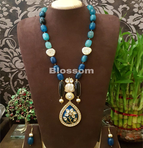 Handcrafted Dark Blue Agate & Shaded Natural Stone Statement Pendant…