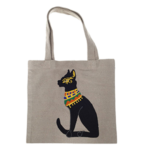 Artisan Hand-Embroidered Egyptian Cat Cotton Tote Bag / Canvas Handbag