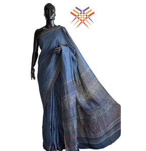 Handcrafted Indigo Blue Ajrakh Block Printed Silk-Linen Saree