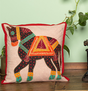 Handcrafted Patchwork Cotton Cushion Cover - Black Jogi Horse Motif…