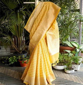 Handwoven Sunshine Yellow Kora Silk-Cotton Saree