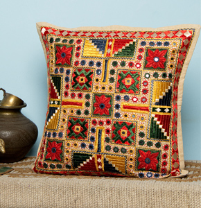 Heavy Embroidery with Mirror Work Cushion Cover, Multicolor