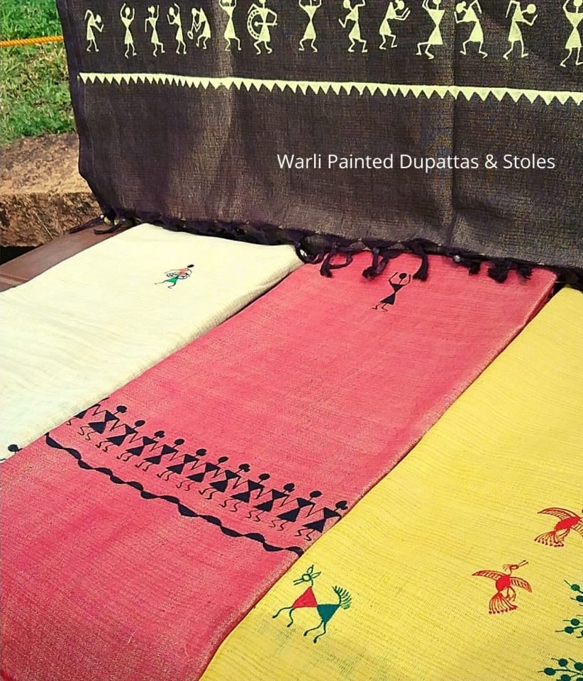 Raah Creative Design LLP Hand-Painted Colourful Warli Dupatta