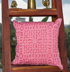 Handcrafted Appliqué Cotton Cushion Cover - Baby Pink Makhana Design…