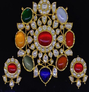 Navratan Pendant Set In Gold And Diamond Polki And Precious Stones