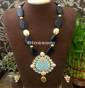 Handcrafted Turquoise Blue Meenakari Pendant Necklace with Dark Blue…