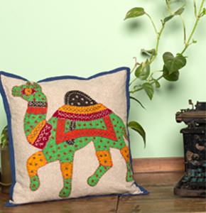 Handcrafted Patchwork Cotton Cushion Cover - Green Camel Motif Throw…