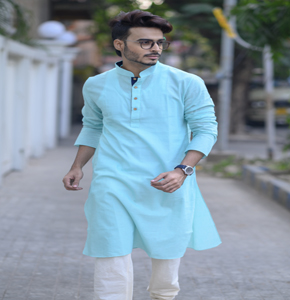 Men's Light Blue Handcrafted Cotton Kurta