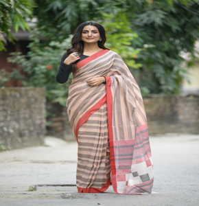 Handwoven Cream Striped Bengal Pure Cotton Saree with Unstitched Blouse