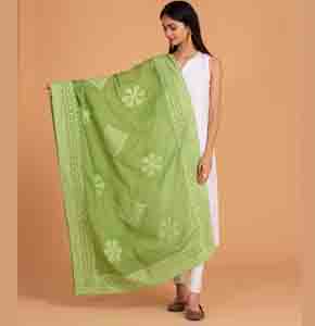 Green Handcrafted Appliqué Cotton Dupatta with Diamond Khuddi Border