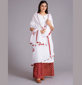 Applique Kurti and Dupatta with Printed Skirt,Red