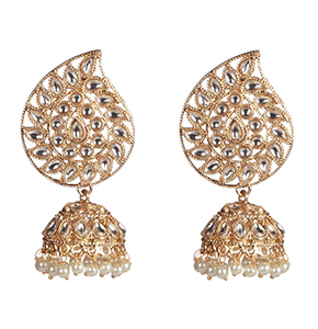 Gold-tone domed shaped jhumkas with Kundan and pearls secured