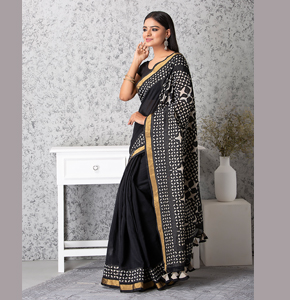 Chakor Motif Applique Saree, Black