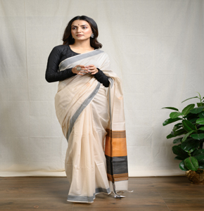 NAMEG Elegant Light Cream Silk Cotton Saree