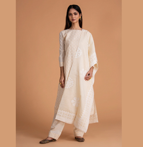 Applique 3pcs set with Kurti, Dupatta and trouser, Off White