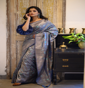 Grey Floral Tussar Banarasi Silk Saree