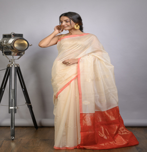 NAMEG Handcrafted Elegant Cream Silk Cotton Festive Saree