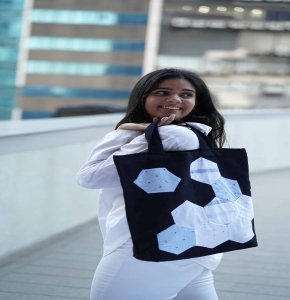 Handcrafted Denim Tote Bag with Fabric Patchwork Accent