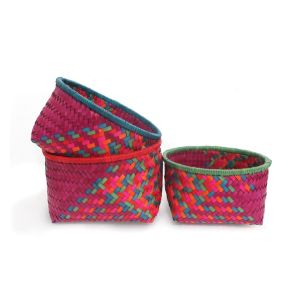 Handcrafted Woven Palm Leaf Round Fruit Baskets - Set of 3