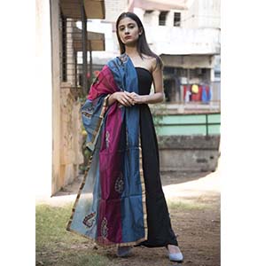 Handcrafted Blue and Pink Chanderi Silk Dupatta with Tassels