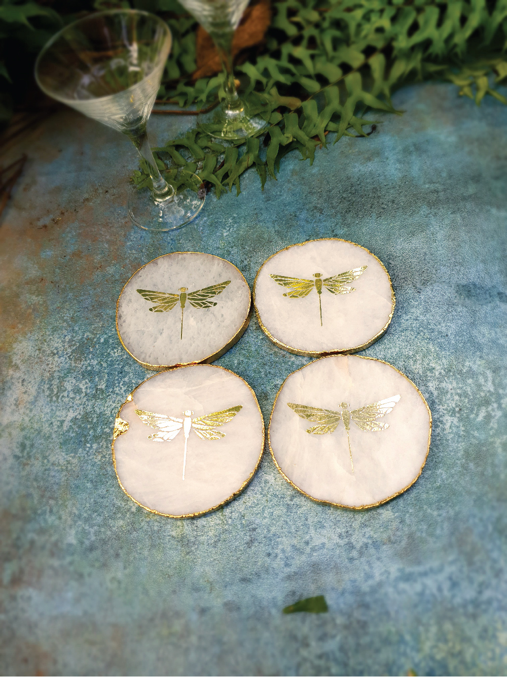 Happy Soul Natural Agate Stone Dragonfly Coasters (Set of 4)