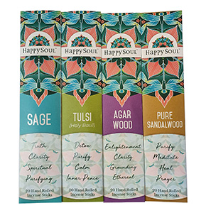 HAPPY SOUL Prayer & Spirituality Series - Incense Sticks. Sage, Tulsi, Agar Wood, Pure Sandalwood 4 pack set (20x4= 80 sticks) 100% Natural