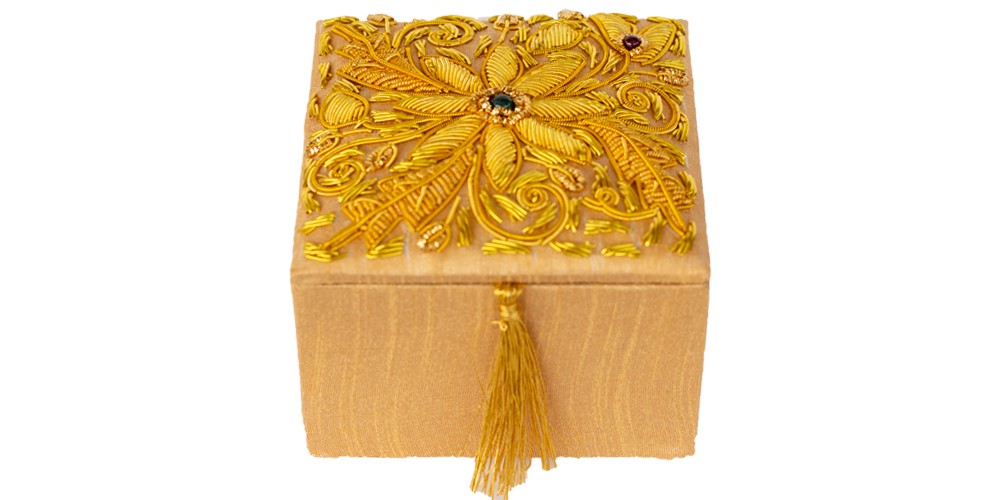 Opulent Homes Handcrafted Zardosi Embroidered Square Decorative Box