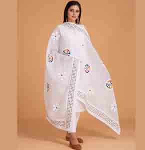 Floral Applique Cotton Dupatta with khuddi design, White