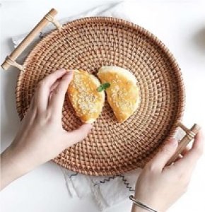 Handcrafted Natural Cane Woven Round Serving Tray with Side Handles