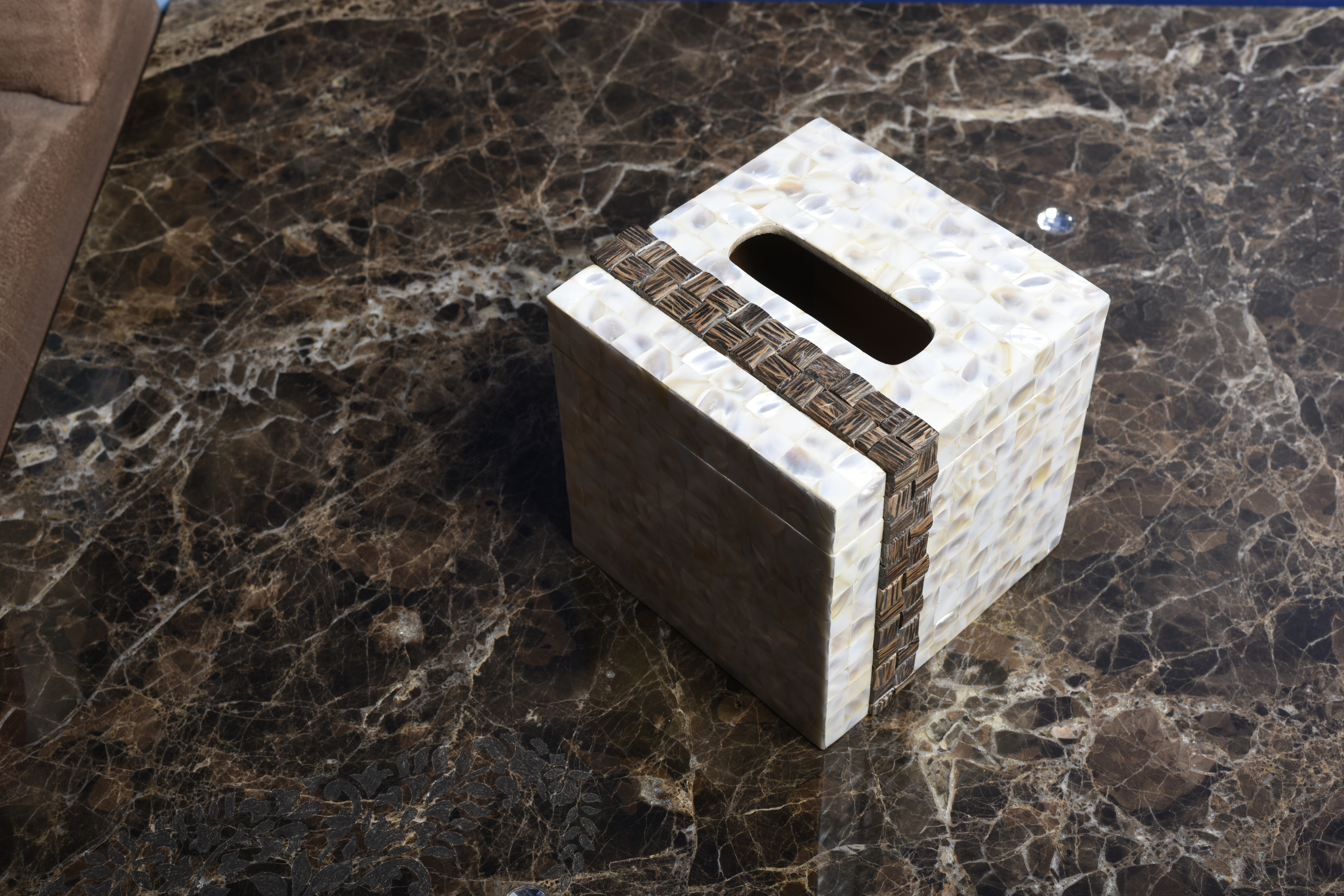 Opulent Homes White Mother of Pearl and Taadiwood Tissue box 666 - 1pc