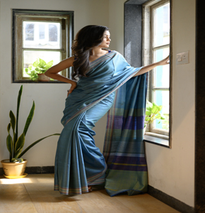 Handcrafted Slate Blue Tussar Silk Saree with Eri Silk Border