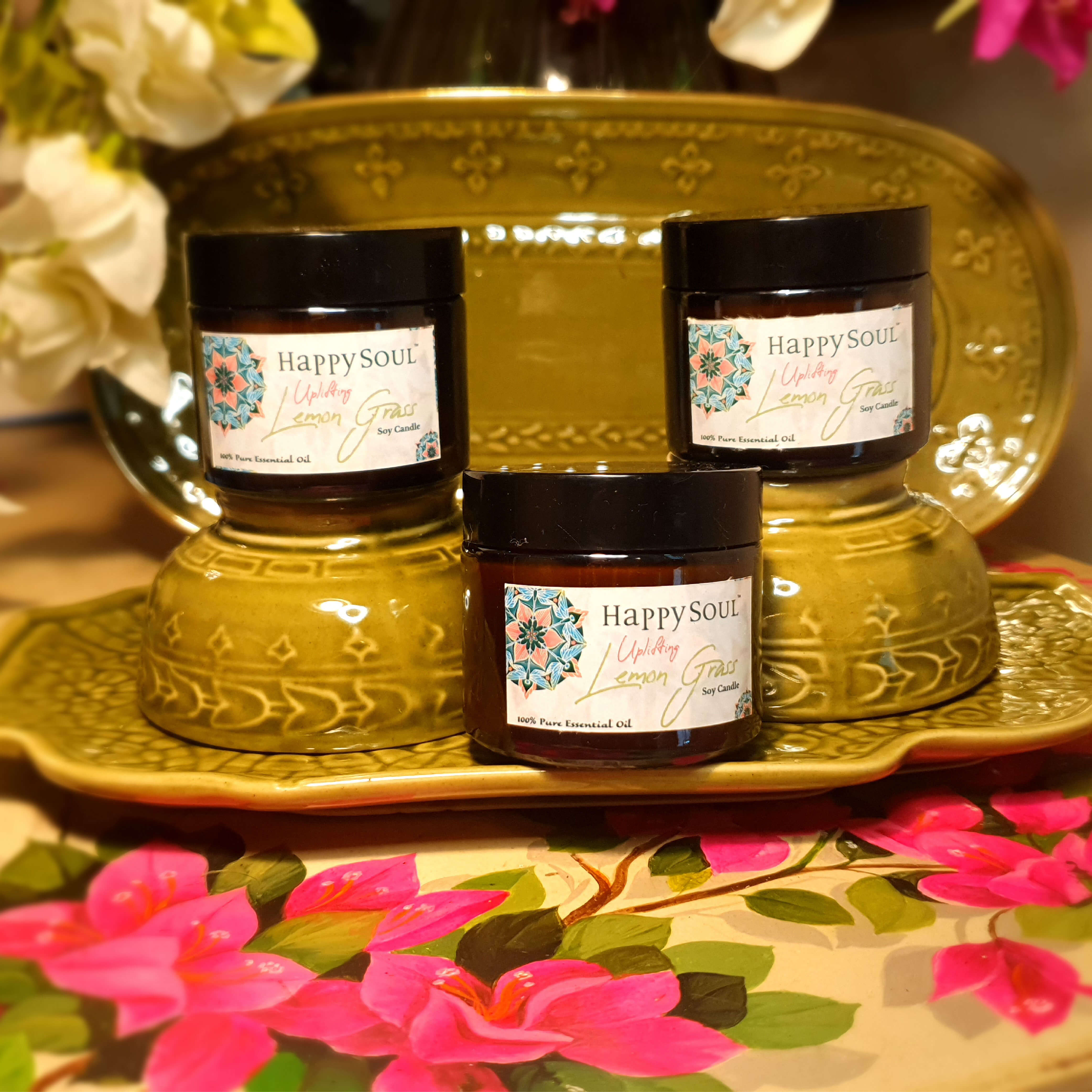 HAPPY SOUL Uplifting Lemon Grass 100% Essential Oil Soy Candle