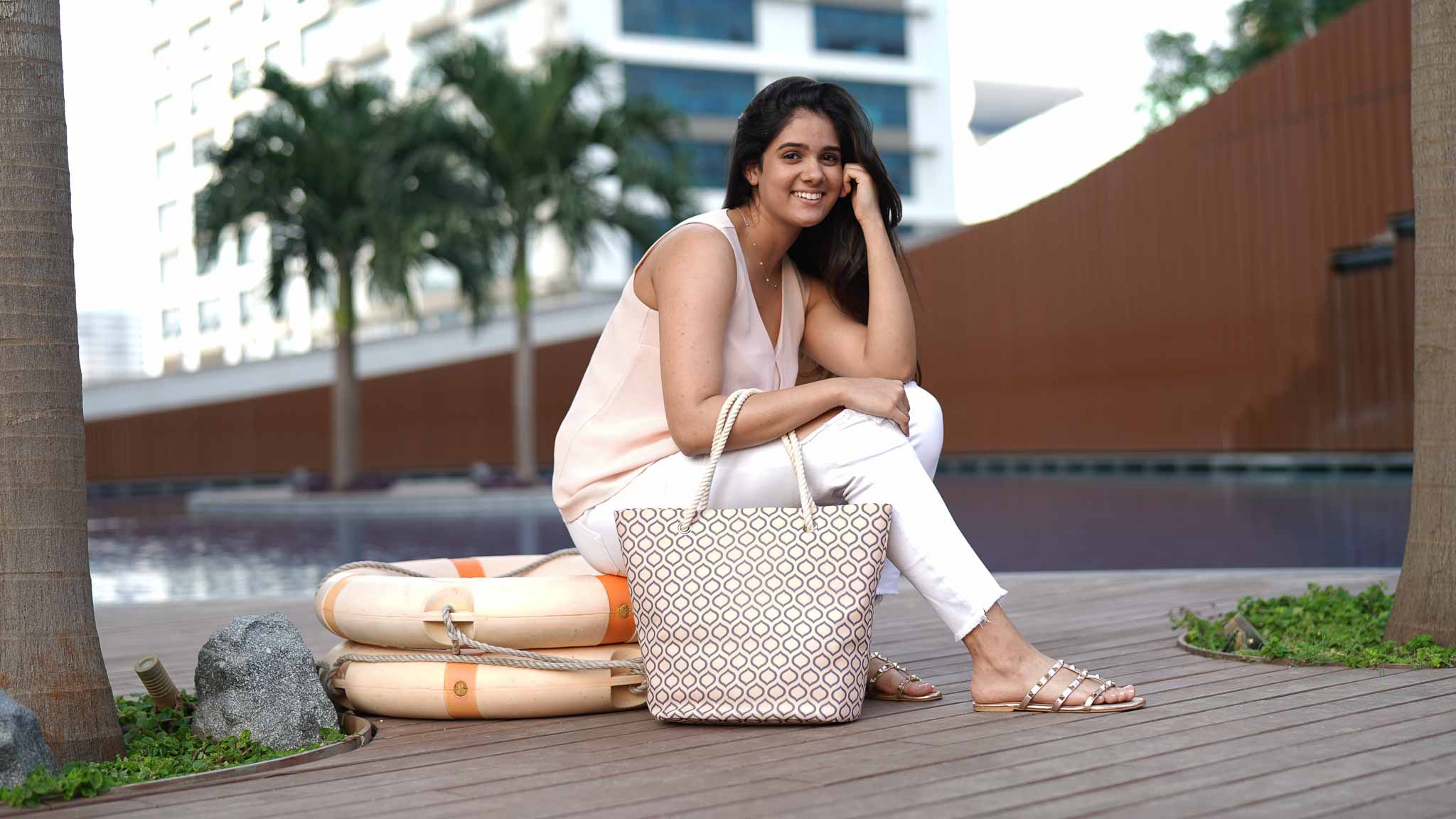 Beach bag / Women's Handbag - Cream with lines / Handmade / Ecofriendly