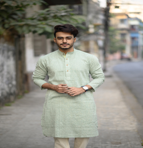 Green Stripes Cotton Men's Kurta