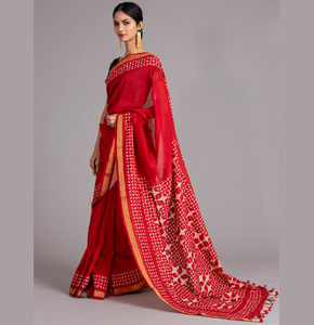 Chakor Motif Applique Saree, Red