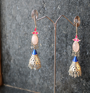 NAMEG Handcrafted Pink & Blue Enamelled Silver Jhumka Earrings