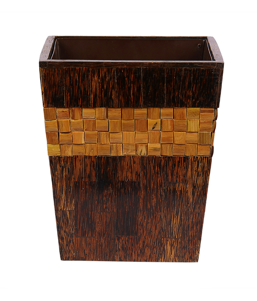 Handcrafted Taadi Wood & Bamboo Round Wastebasket Dustbin - 10 Inch