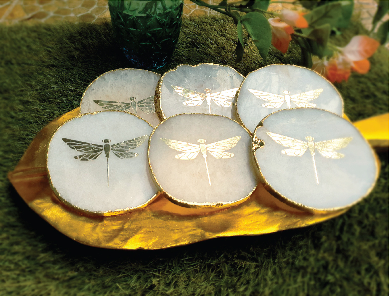 Happy Soul Natural Agate Dragonfly Coasters (Set of 6)