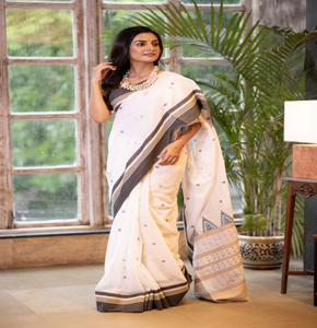 NAMEG White & Grey Border Handloom Bengal Cotton Saree