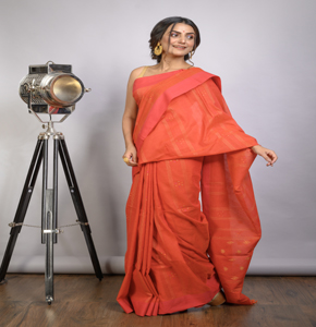 Orange & Pink Bengal Handloom Cotton Saree